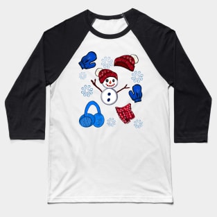 Winter Snowman hat mittens gloves scarf and snowflakes - pattern -  snug in a snowflake themed scarf Baseball T-Shirt